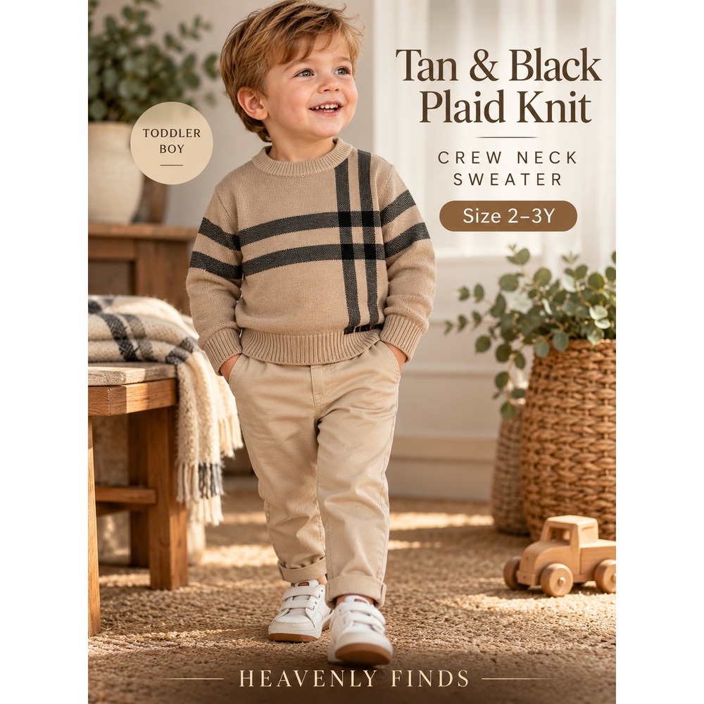 Toddler Boy Tan Black Plaid Soft Knit Crewneck Long Sleeve Sweater 2-3Y NWOT
